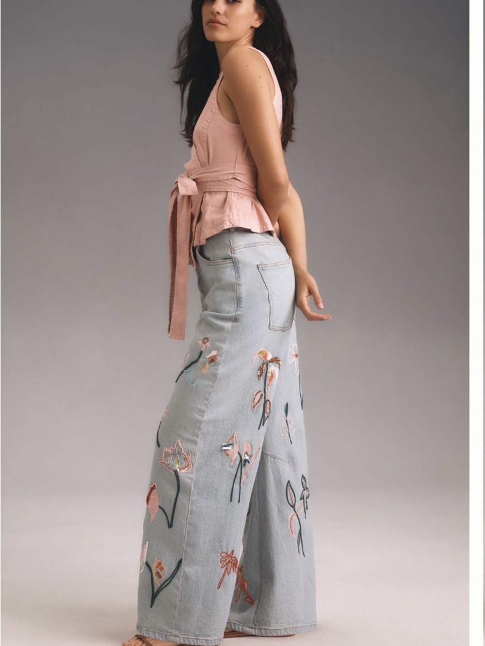 Anthropologie Pilcro Wash Embroidered Floral Wide-Leg Jeans - Light Blue - Picture 10 of 13